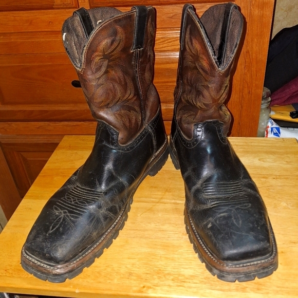 Justin's Men's Black and Brown Leather Square Safety Toe Western Boots In A 14D - Picture 1 of 12